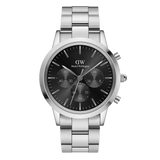 Iconic Chronograph Link Onyx S men's watch featuring a silver stainless steel bracelet, 42mm case, and a sleek black sunray dial with three chronograph sub-dials for precise timekeeping.