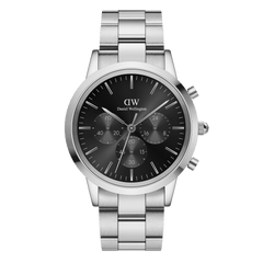 Iconic Chronograph Link Onyx S men's watch featuring a silver stainless steel bracelet, 42mm case, and a sleek black sunray dial with three chronograph sub-dials for precise timekeeping.