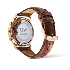 Rear view of the Iconic Chronograph St Mawes Arctic Rg showing the engraved stainless steel case back, rose gold finish, and brown leather strap with gold buckle, highlighting its premium craftsmanship and adjustable fit.