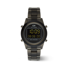Retro Digital Dark Grey Dark Grey digital watch with a bold dark grey finish, square digital display, and a transparent bio-based plastic link strap, featuring chronograph and dual time functions.