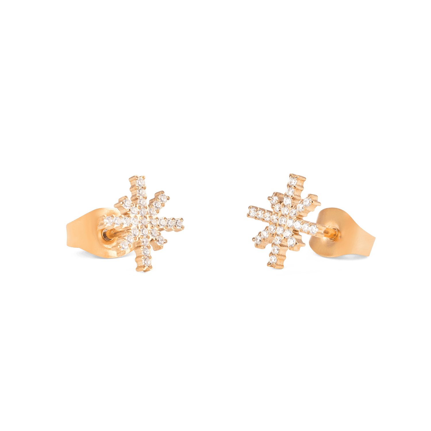 Mirelle Star Earring Rose Gold studs shown from the side and back, highlighting the starburst design with white cubic zirconia crystals and secure butterfly backs in a rose gold finish.