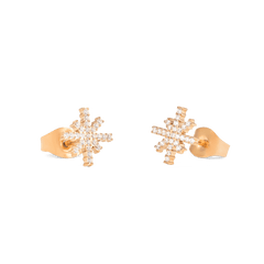 Mirelle Star Earring Rose Gold studs shown from the side and back, highlighting the starburst design with white cubic zirconia crystals and secure butterfly backs in a rose gold finish.