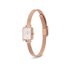Quadro Mini Crystal Zodiac Melrose Set watch with a rose gold mesh strap, rectangular crystal-framed case, and a white mother of pearl dial, shown at an angle to highlight its elegant and minimalist design.