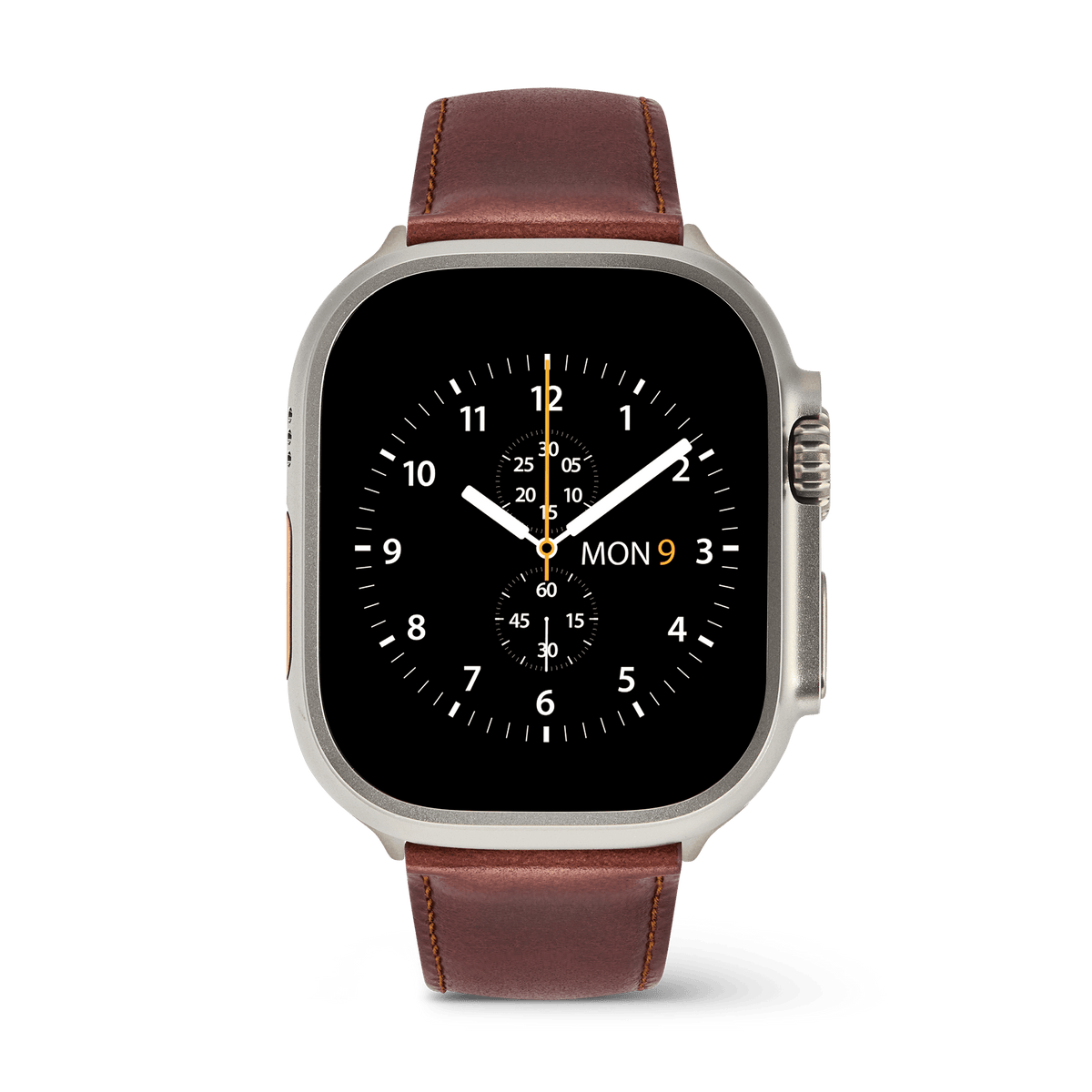 Apple Watch Ultra fitted with a Smartwatch Leather Strap St Mawes Silver, showcasing rich brown stitched leather and a classic padded design for a comfortable, stylish upgrade.