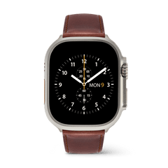 Apple Watch Ultra fitted with a Smartwatch Leather Strap St Mawes Silver, showcasing rich brown stitched leather and a classic padded design for a comfortable, stylish upgrade.