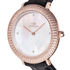 Close-up of the Crystalline Bezel Black Croc Rose Gold ladies watch showing the rose gold case, crystal-set bezel, white mother of pearl dial with four crystal markers, and black croc-embossed leather strap.
