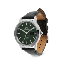 Iconic Sheffield Automatic Silver men's watch with a green enamel dial, silver stainless steel case, magnified date display, and a genuine black Italian leather strap.