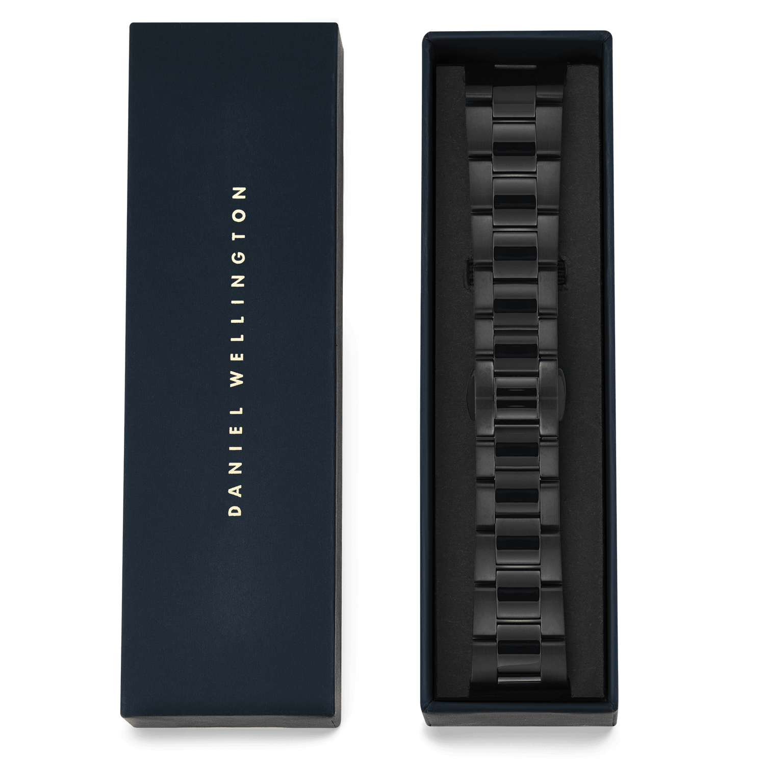 Smartwatch Iconic Link Onyx black stainless steel watch strap with a brushed and polished 3-link design, presented in a navy Daniel Wellington branded gift box.