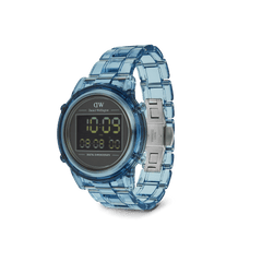 Retro Digital Light Blue Light Blue watch by Daniel Wellington featuring a transparent light blue link bracelet, round black digital dial, and stainless steel butterfly buckle, shown at an angle to highlight its modern retro design.