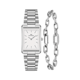 Rectangular silver watch with a three-link bracelet strap and a crisp white dial, paired with a delicate silver crystal link bracelet featuring a pavé accent and adjustable chain links.