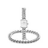 Silver watch and chunky chain bracelet set for women, featuring a square white dial and polished stainless steel chain design, styled together for a modern, cohesive look.