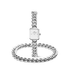 Silver watch and chunky chain bracelet set for women, featuring a square white dial and polished stainless steel chain design, styled together for a modern, cohesive look.