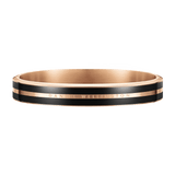 Emalie Infinite Rose Gold Black bracelet featuring a polished rose gold finish, bold black enamel ribbons, and subtle engraved branding, designed in a minimalist bangle style for versatile everyday wear.