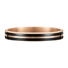 Emalie Infinite Rose Gold Black bracelet featuring a polished rose gold finish, bold black enamel ribbons, and subtle engraved branding, designed in a minimalist bangle style for versatile everyday wear.