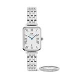 A rectangular Daniel Wellington Quadro 5-Link silver watch with a five-link stainless steel strap and Roman numeral dial, paired with a slim silver Pavé Ring featuring pavé crystal detailing, both displayed against a plain background.
