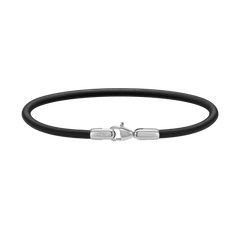 Slim black leather Sheffield Bracelet Silver with a polished silver stainless steel clasp, featuring minimalist design and refined detailing suitable for men’s everyday or formal wear.