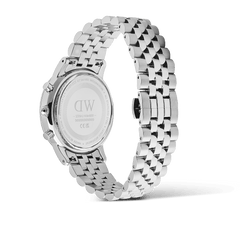 Iconic Chronograph Arch 5-Link Arctic Panda Silver men's watch showing the stainless steel case back and polished 5-link bracelet, highlighting the engraved details and quality craftsmanship.