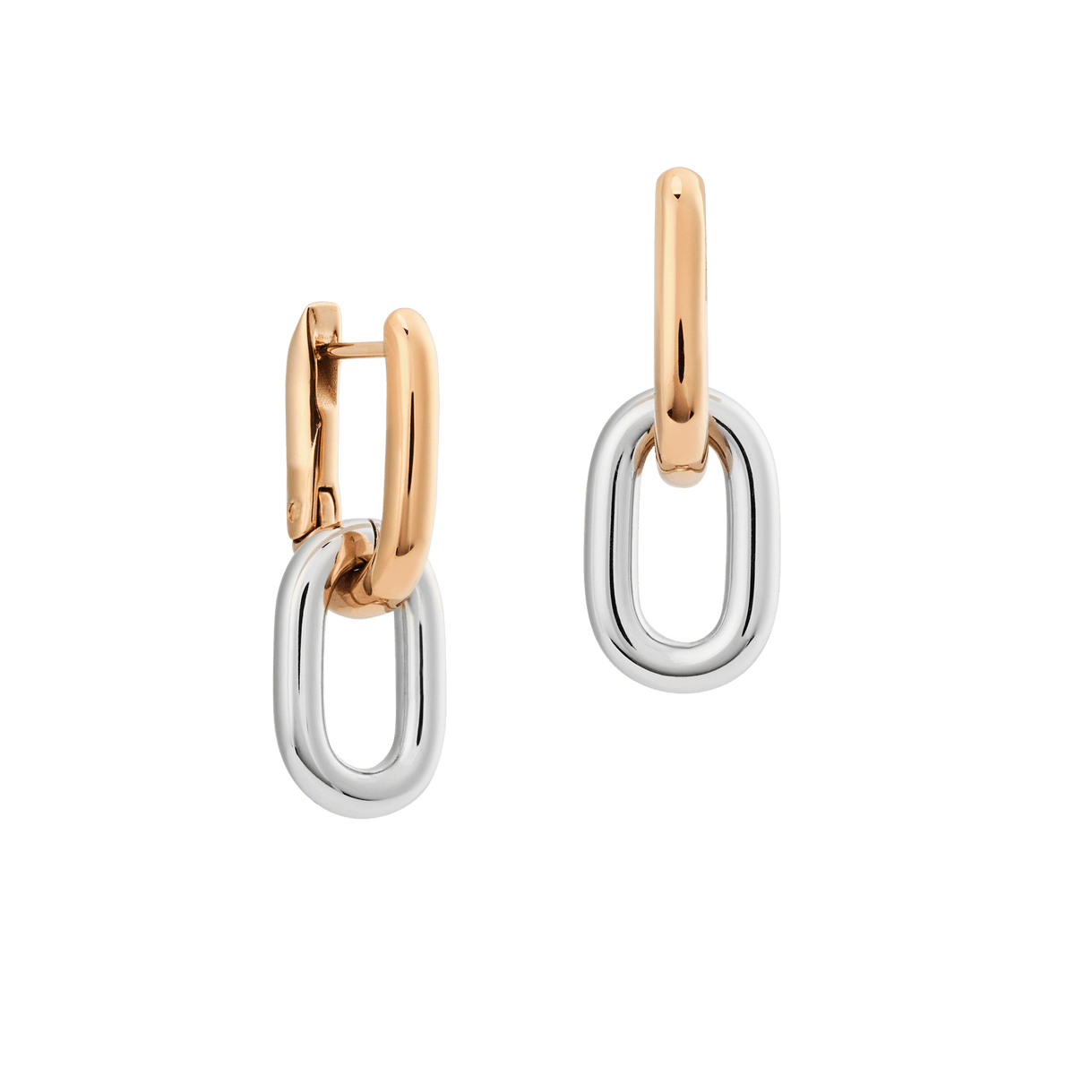 Contrast Link Earrings Two Tone Rose Gold featuring sculptural rose gold hoops with removable silver links, showcasing a minimalist two-tone design and high-shine finish.
