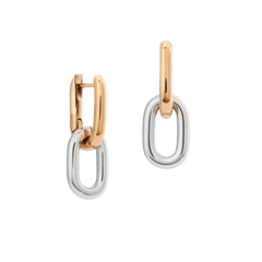 Contrast Link Earrings Two Tone Rose Gold featuring sculptural rose gold hoops with removable silver links, showcasing a minimalist two-tone design and high-shine finish.