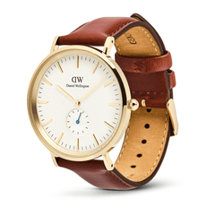 Classic Multi-Eye St Mawes Off-white Sunray Gold men’s watch featuring a gold-plated round case, light beige sunray dial with a triangular pattern, slim gold markers, blue sub-second hand, and a padded brown leather strap with pin buckle.