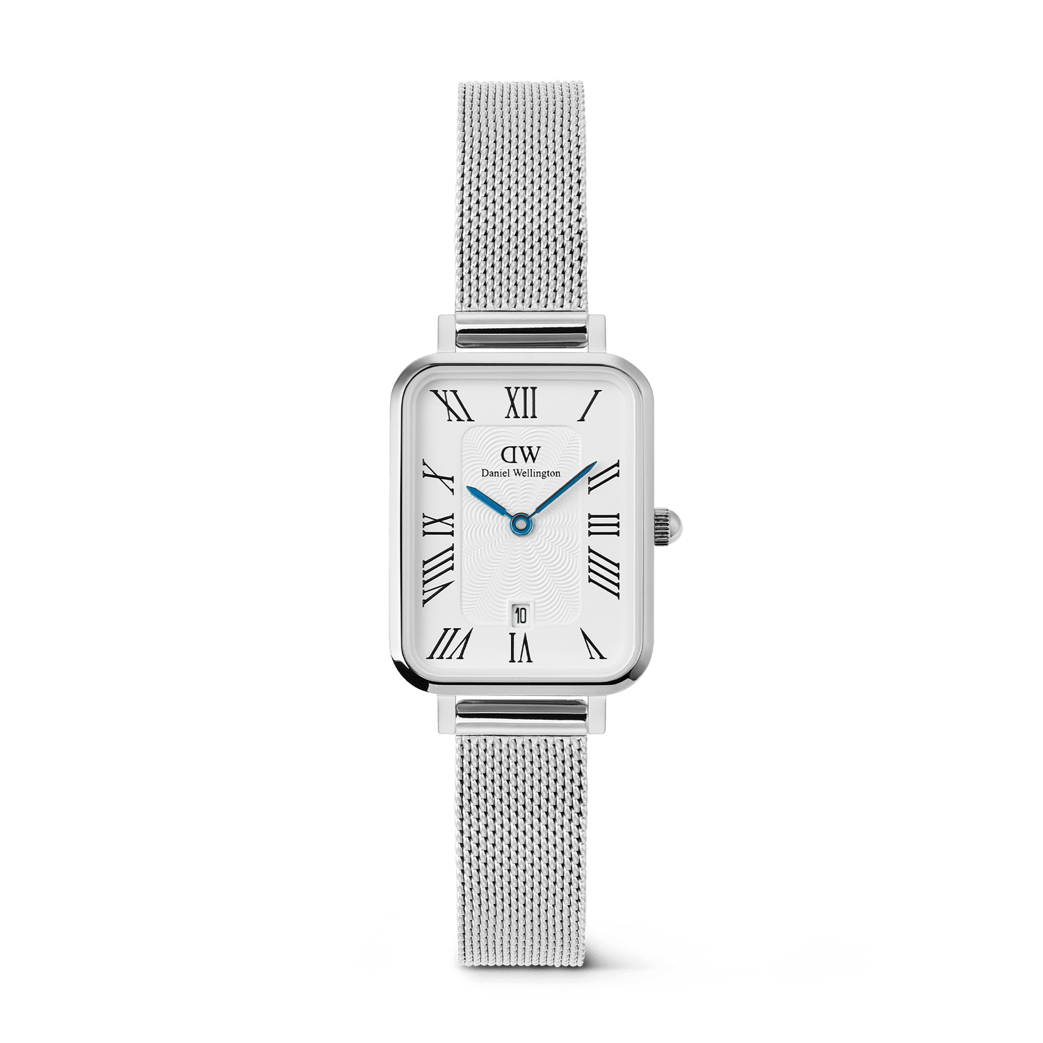 Quadro Sterling Roman Numerals Date ladies watch with a rectangular silver case, white dial featuring Roman numerals, blue hands, date window at 6 o’clock, and a polished silver mesh strap.