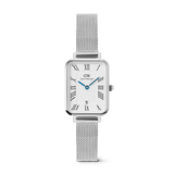 Quadro Sterling Roman Numerals Date ladies watch with a rectangular silver case, white dial featuring Roman numerals, blue hands, date window at 6 o’clock, and a polished silver mesh strap.