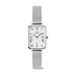 Quadro Sterling Roman Numerals Date ladies watch with a rectangular silver case, white dial featuring Roman numerals, blue hands, date window at 6 o’clock, and a polished silver mesh strap.