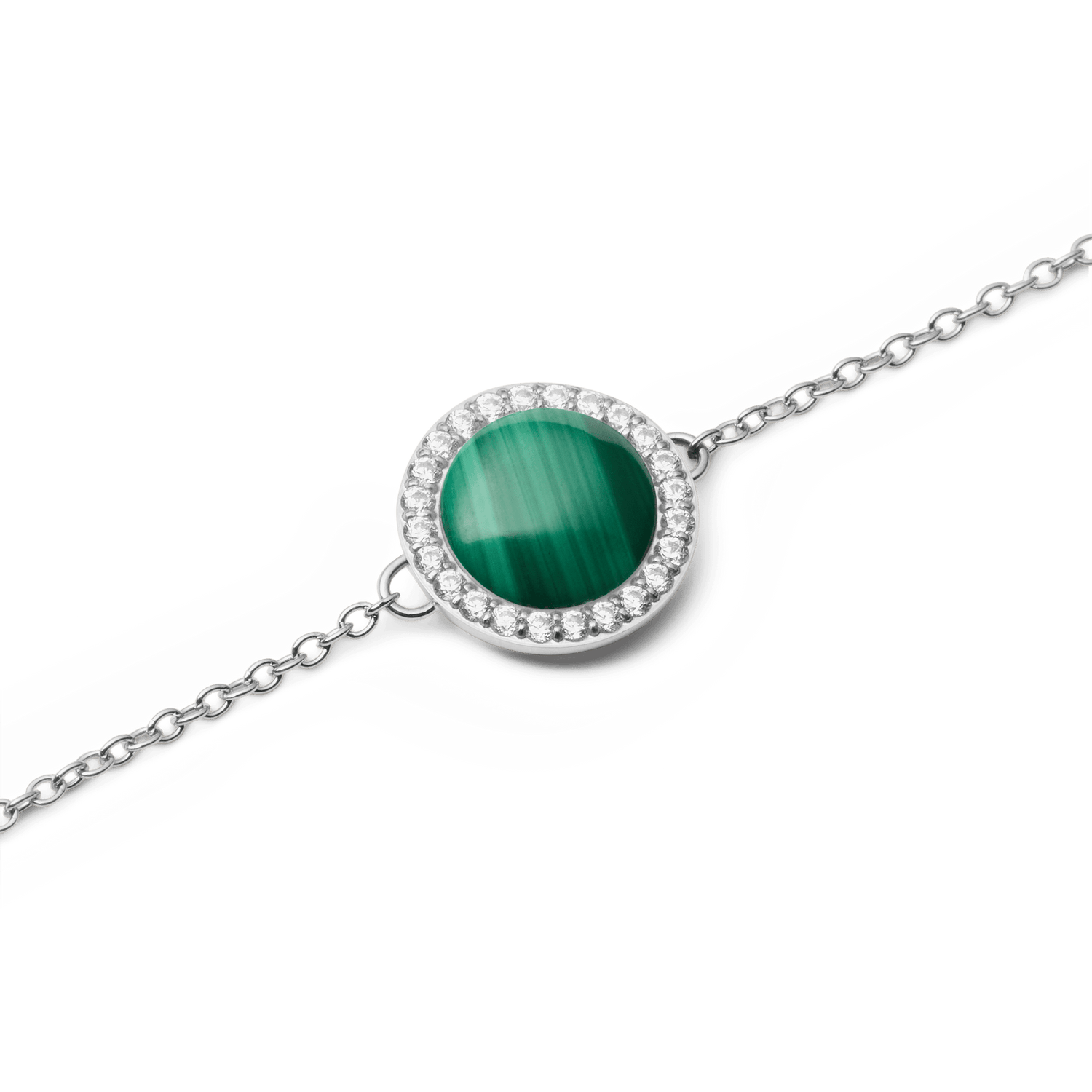 Audrey Bracelet Malachite Silver featuring a round green malachite centrepiece framed by a halo of white cubic zirconia, set on a fine silver chain for a refined and elegant look.