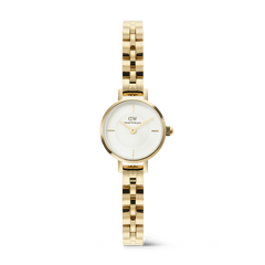 Petite Mini Arch 3-link White Gold women’s watch with a petite 19mm gold case, crisp white dial, minimalist gold indices, and a slim three-link gold bracelet featuring an arched design for a refined, modern look.