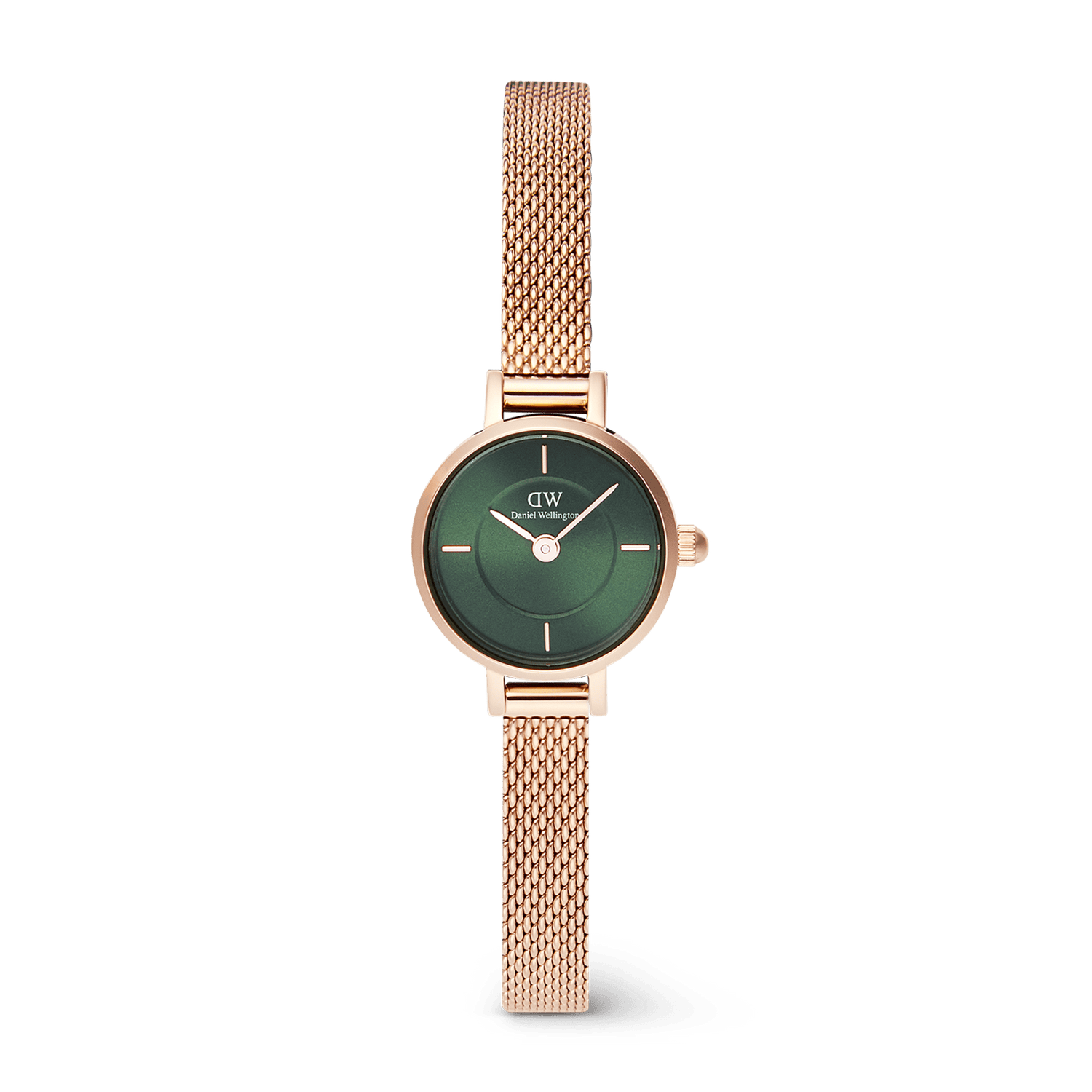 Petite Mini Emerald Melrose watch featuring a 19mm rose gold case, emerald green sunray dial with inner ring detail, and a slim rose gold mesh strap with an adjustable safety buckle.