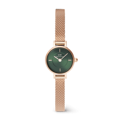 Petite Mini Emerald Melrose watch featuring a 19mm rose gold case, emerald green sunray dial with inner ring detail, and a slim rose gold mesh strap with an adjustable safety buckle.
