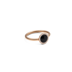 Audrey Ring Black Agathe Rose Gold with a slim rose gold band, featuring a polished black agate centre stone surrounded by a halo of sparkling white crystals.