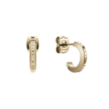 Elan Earrings Gold feature a minimalist huggie shape with a polished gold finish and the Daniel Wellington logo engraved along the edge, shown with secure butterfly backs for comfortable everyday wear.