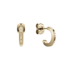 Elan Earrings Gold feature a minimalist huggie shape with a polished gold finish and the Daniel Wellington logo engraved along the edge, shown with secure butterfly backs for comfortable everyday wear.