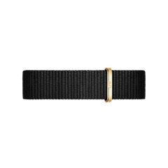 Cornwall Strap Gold showcases a black polyester NATO watch strap with a sleek gold buckle, offering a minimalist and versatile style suitable for both casual and formal wear.