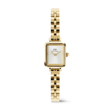 Quadro Mini Arch 3-link White Sunray Gold ladies watch featuring a petite rectangular gold case, minimalist white sunray dial, and polished 3-link gold bracelet with a butterfly clasp.