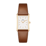 Bound Durham Gold ladies watch with a rectangular gold case, minimalist white dial, gold markers, and a light brown leather strap, designed for everyday elegance and versatility.