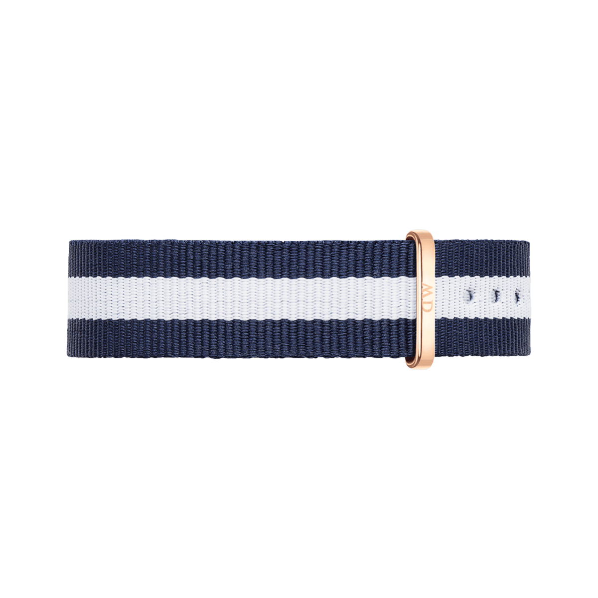 Glasgow Strap Rose Gold in a navy blue and white striped NATO style, featuring an adjustable rose gold buckle and durable polyester material for everyday comfort.