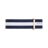 Glasgow Strap Rose Gold in a navy blue and white striped NATO style, featuring an adjustable rose gold buckle and durable polyester material for everyday comfort.