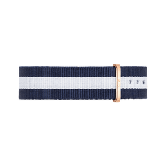Glasgow Strap Rose Gold in a navy blue and white striped NATO style, featuring an adjustable rose gold buckle and durable polyester material for everyday comfort.