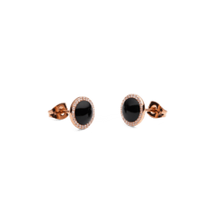 Audrey Earrings Black Agathe Rose Gold shown from a side angle, highlighting the domed black agate centre, rose gold setting, and sparkling cubic zirconia halo with secure butterfly clasps.