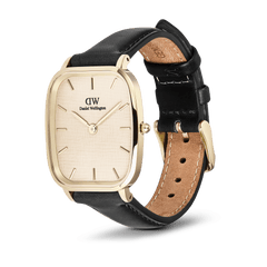 Marlon Sheffield Linen Gold men's watch with a cushion-shaped gold stainless steel case, linen-textured dial, minimalist gold hour markers, and a genuine black leather strap with a pin buckle closure, combining classic elegance and everyday versatility.