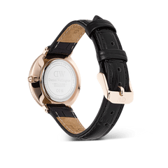 Back view of the Crystalline Bezel Black Croc Rose Gold ladies watch showing the rose gold case, engraved case back, and black croc-embossed leather strap with rose gold buckle.