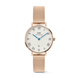 Petite Roman Numerals Date Rose Gold ladies watch with a 28mm rose gold case, white guilloché-patterned dial featuring blue hands, Roman numerals, a date window at 6 o’clock, and a slim rose gold mesh strap.