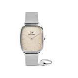 Silver mesh strap watch with a square yellow dial and a polished silver signet ring, both from the Marlon & Classic Mini Signet Ring Silver Set, styled for men seeking minimalist and versatile jewellery.