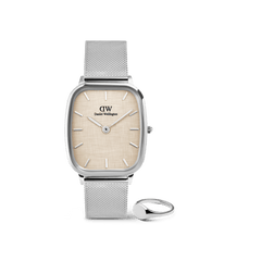 Silver mesh strap watch with a square yellow dial and a polished silver signet ring, both from the Marlon & Classic Mini Signet Ring Silver Set, styled for men seeking minimalist and versatile jewellery.