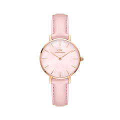 Petite Cherry Blossom ladies watch featuring a pastel pink mother of pearl dial, slim rose gold case, and soft pink leather strap, designed for comfortable everyday wear and a timeless look.