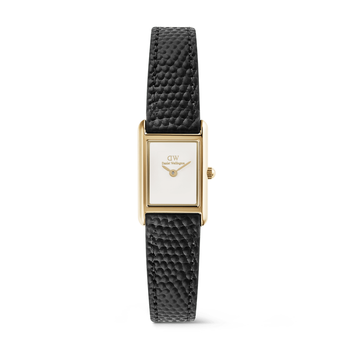 Bound Mini Black Lizard Gold ladies watch featuring a rectangular gold case, minimalist white dial, and a slim black lizard-texture leather strap, designed for a refined and comfortable fit.