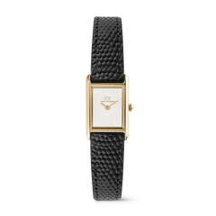 Bound Mini Black Lizard Gold ladies watch featuring a rectangular gold case, minimalist white dial, and a slim black lizard-texture leather strap, designed for a refined and comfortable fit.