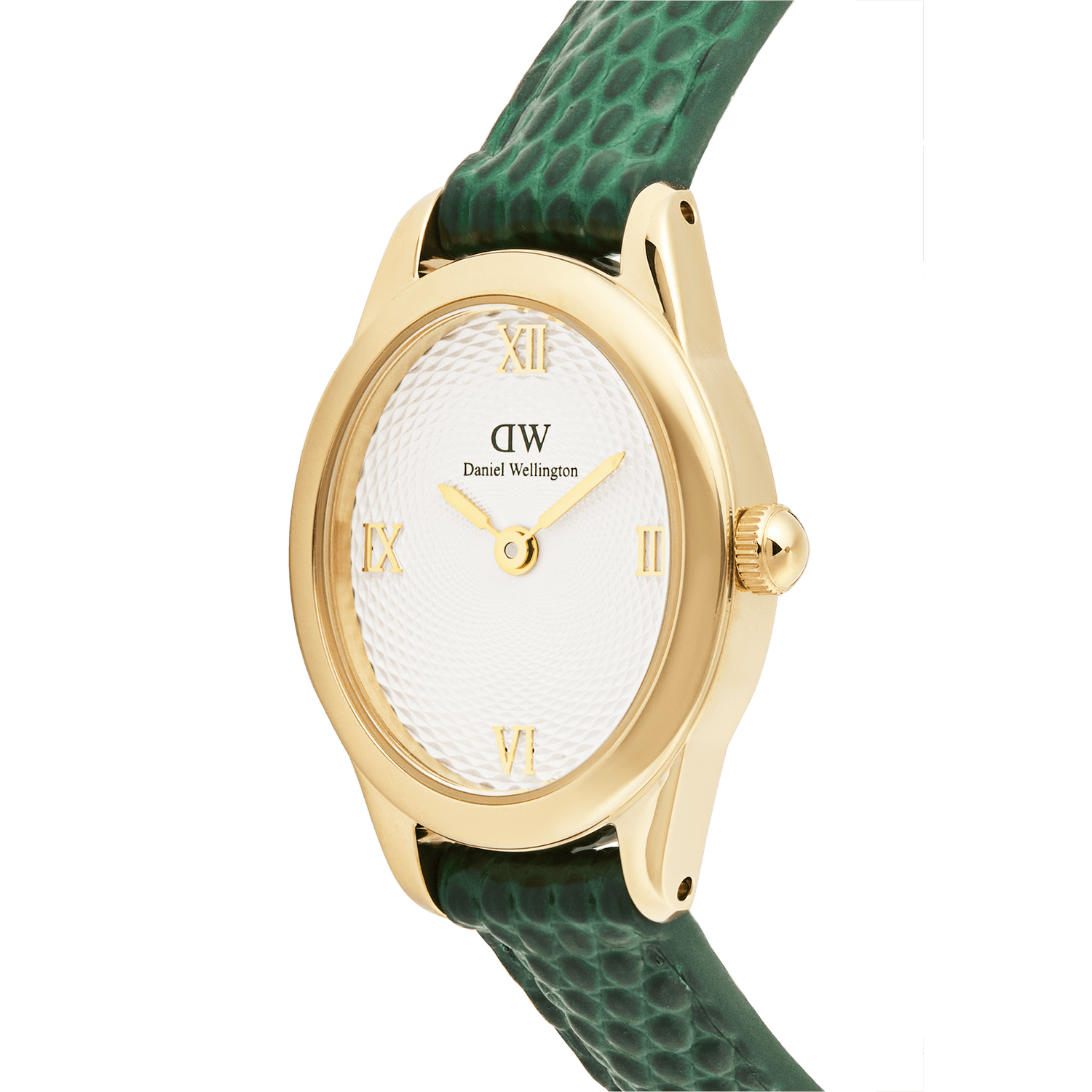 Close-up of the Daniel Wellington Ophelia Mini Green Lizard White Guilloché Gold watch, showing its polished gold-tone oval case, textured white guilloché dial with gold Roman numerals, and green lizard-embossed leather strap.